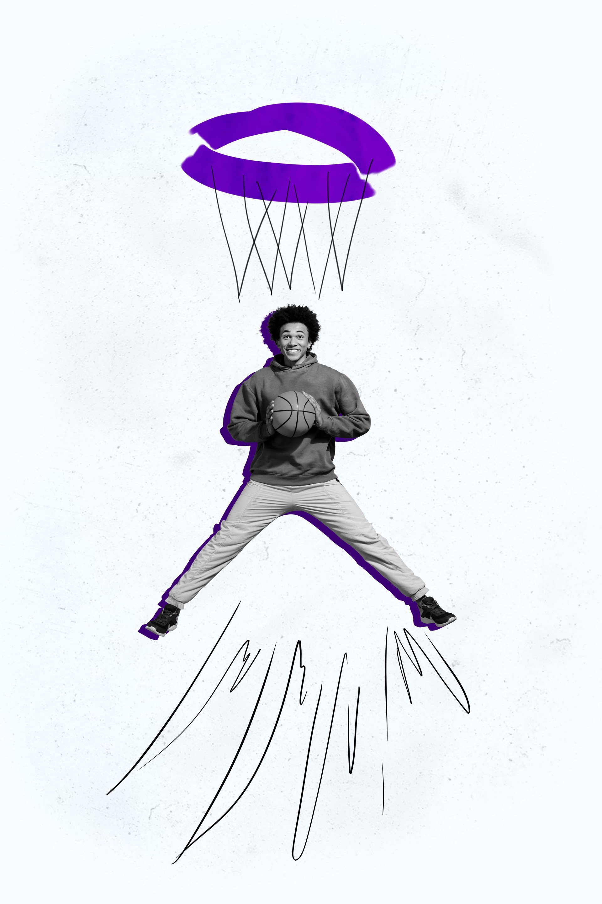 Composite collage image of funny young man jump play basketball sportsman fantasy billboard comics zine